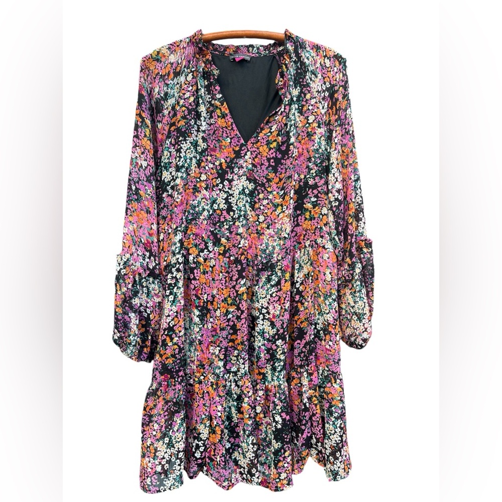 NWT Vince Camuto Black Multi Tier Mini Dress Floral sz L